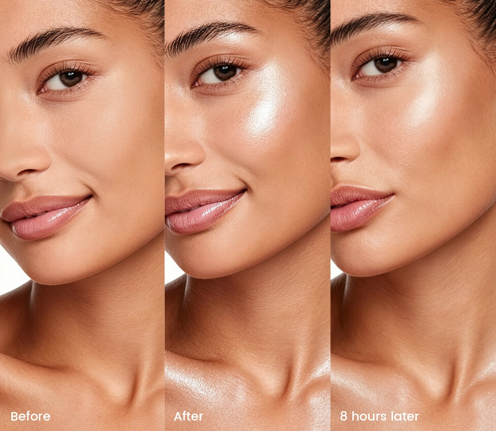 Résultat avant après MoonKiss highlighter glow longue tenue 8 heures